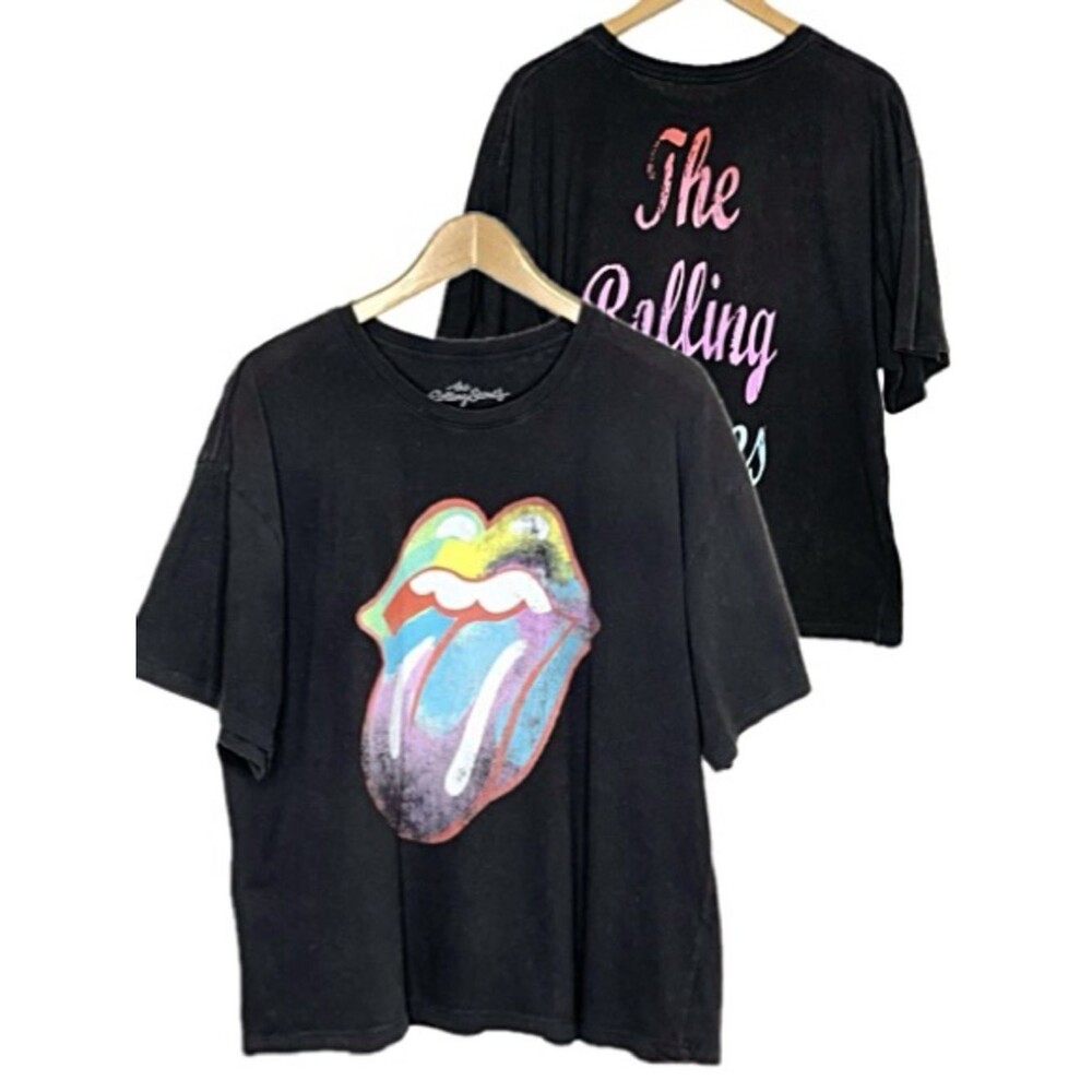 THE ROLLING STONES Graphic Band Tee Size L XL Rainbow Spell Out Lips Tongue